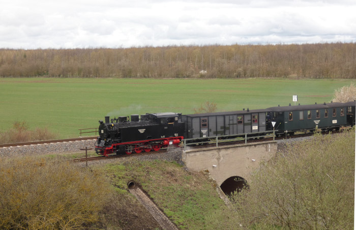Lok 11  mit Infozug zurück →Benndorf in der Senke der MBB-Strecke nahe der Niewandtschachthalde, fotografiert von weiter oben auf der Halde stehend, um 13:07h am 01.04.2023