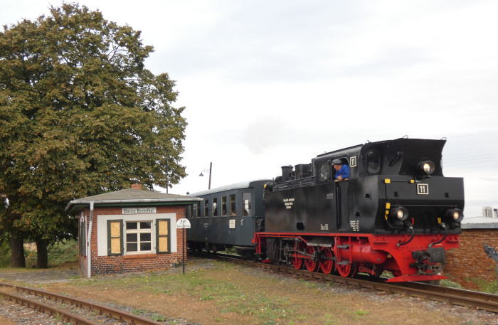 Lok 11 Tv rollt mit dem Infozug Richtung Hettstedt in der Station Bocksthal ein, um 10:08h am 07.10.2023