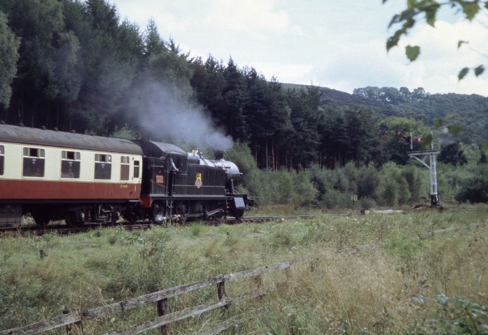 5224 mit Zug nach Pickering vor Einfahrt Levisham, um 12:45h am 28.08.2005