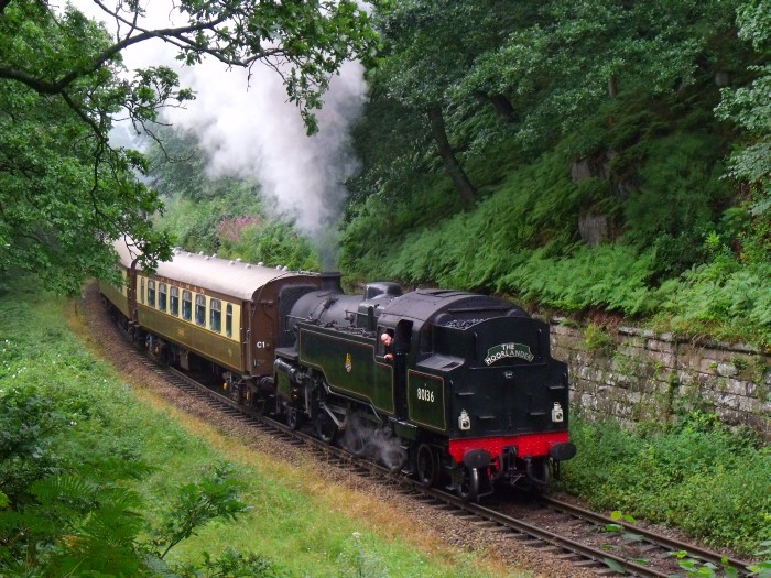 80136 Tv mit Moorlander Pullman-Salonwagen-Zug bei Beck Hole, um 12:41h am 01.08.2019