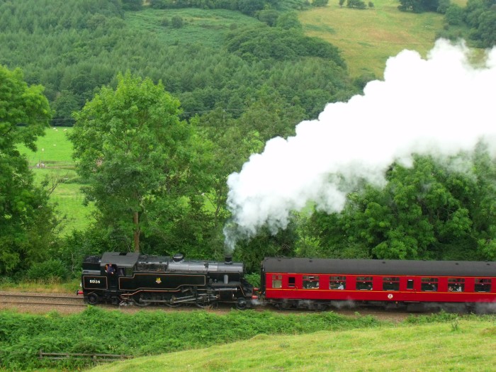 80136 Tv mit Zug nach Pickering am Schafswiesen-Hang kurz hinter der 2.Feldwegbrücke bei Green End, um 13:35h am 03.08.2019