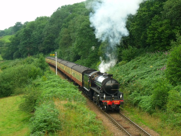 1264 mit Zug nach Pickering an der 2.Feldwegbrücke bei Green End, um 14:35h am 03.08.2019