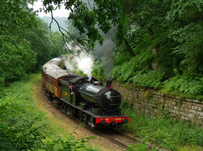 2238 mit dem Gresley-Teakholzwagen-Zug unterwegs nach Pickering, aufgenommen in der Kurve vor der Straßenbrücke bei Beck Hole, um 16:40h am 03.08.2019