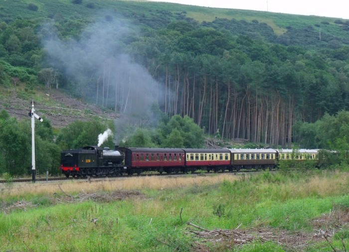 2238 Tv mit dem Moorlander zurück in Richtung Grosmont gefahren, aufgenommen ebenfalls hinter der Ausfahrt von Levisham, um 15:30h am 04.08.2019