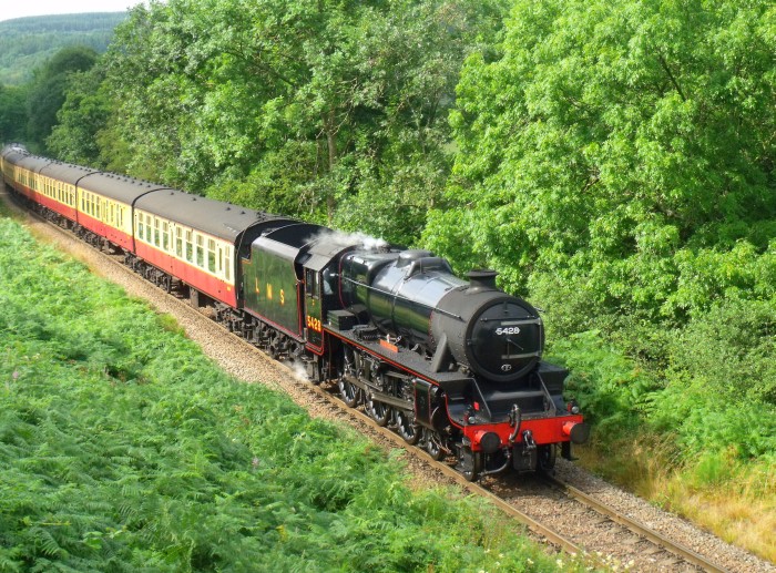 5428 mit dem ersten durchgehenden Zug des Tages von Pickering nach Whitby abwärts, an der Feldwegbrücke bei Green End, um 10:22h am 05.08.2019