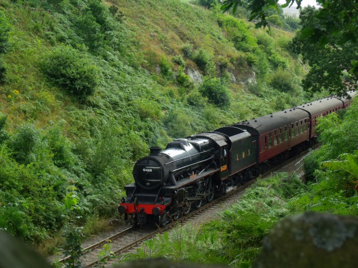 5428 mit Zug nach Pickering, im Einschnitt südlich der Straßenbrücke bei Beck Hole, um 10:20h am 06.08.2019