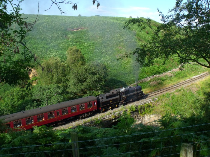 76079 mit dem letzten Dampfzug des Tages nach Pickering, im Tal des Eller Becks bei Water Ark, um 17:28h am 07.08.2019
