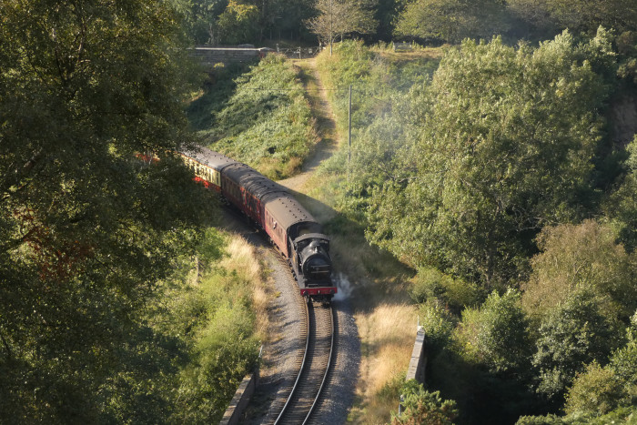 2392 mit Zug Grosmont→Pickering in der Darnholm-Kurve, fotografiert vom Aussichtshang oben am footpath, um 17:03h am 29.08.2024