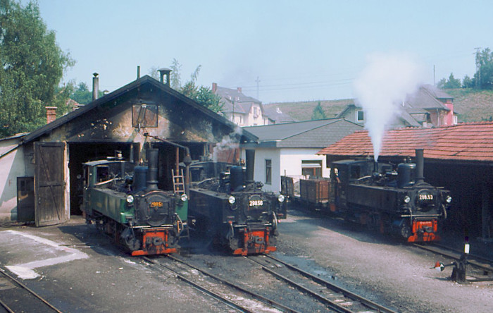 298.51 neben 298.56 und weiter hinten rechts 298.53 am Heizhaus in Garsten, im Juli 1976
